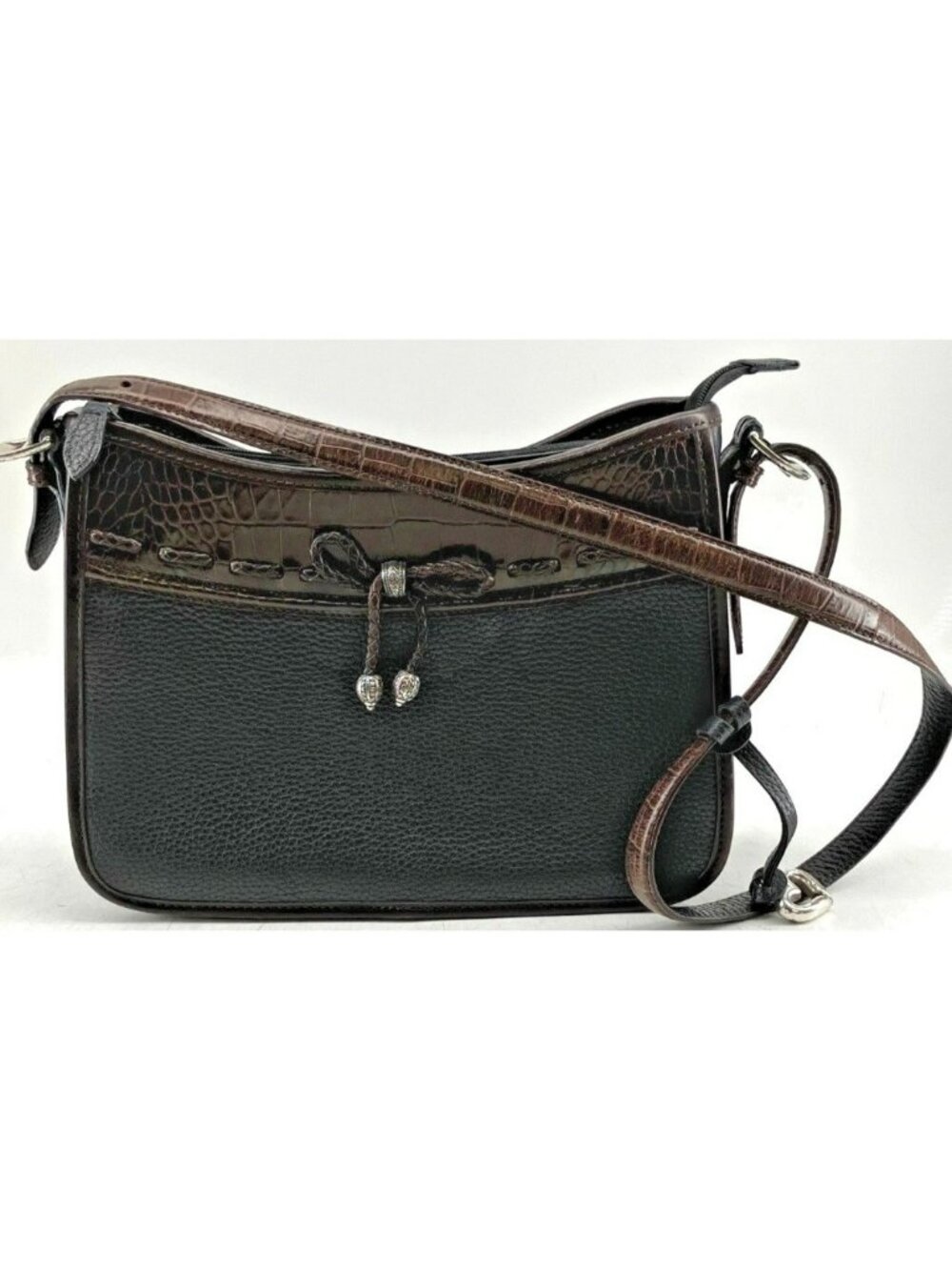 Brighton Emma Black Leather & Croc-Embossed Crossbody Bag With Adjustable Strap